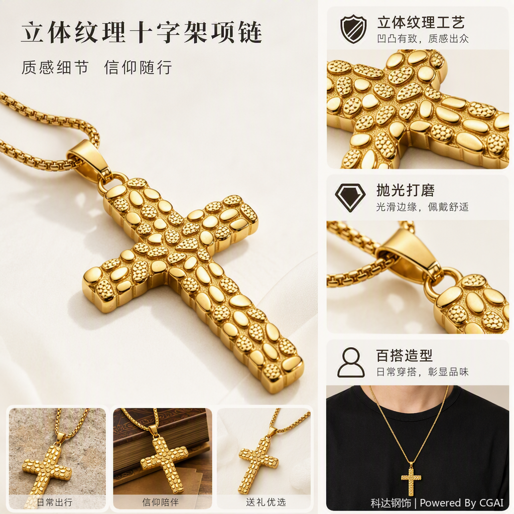 Stainless steel three-dimensional texture cross necklace with concave and convex texture polishing, exquisite and versatile daily pendant necklace, unisex details Picture