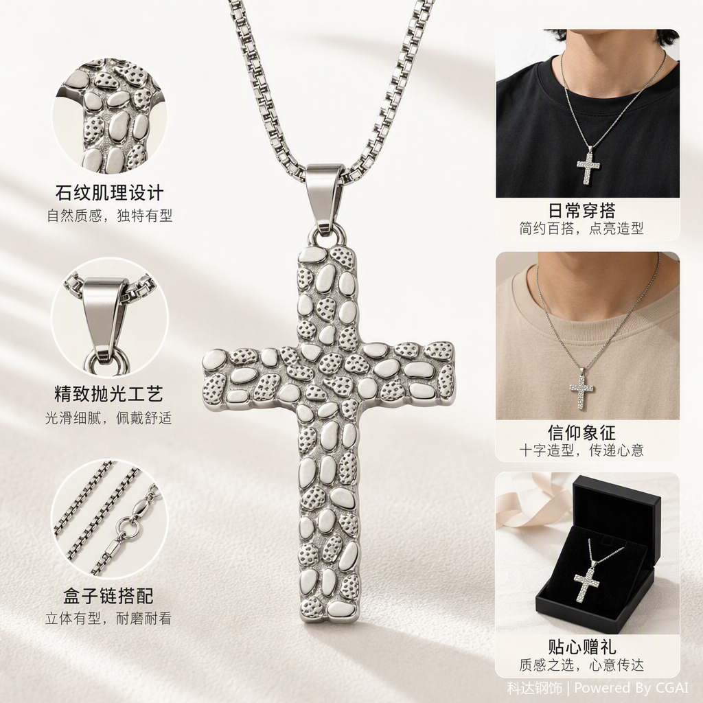 Stainless steel three-dimensional texture cross necklace with concave and convex texture polishing, exquisite and versatile daily pendant necklace, unisex Application Scenario