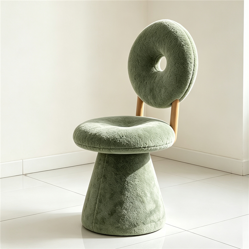 The off-white plush donut chair Sofacover is a comfortable 360-degree rotating chair and a soft-padded dressing table chair for casual home use Specification image