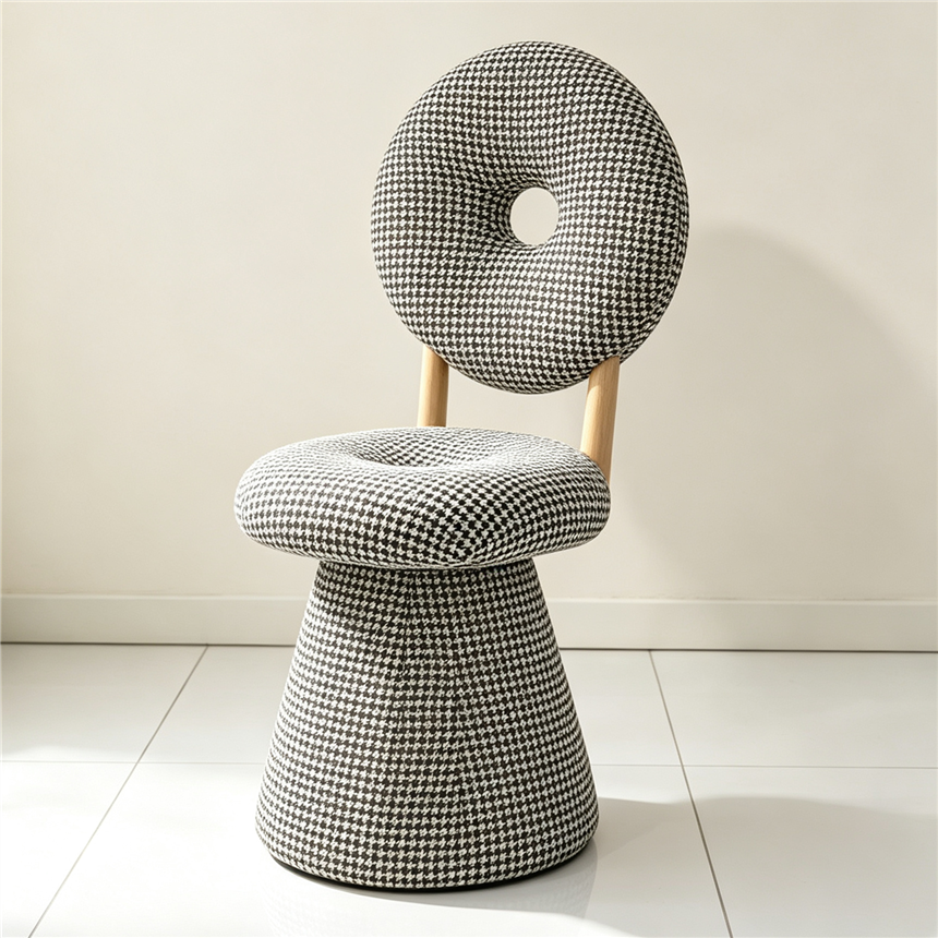 The off-white plush donut chair Sofacover is a comfortable 360-degree rotating chair and a soft-padded dressing table chair for casual home use details Picture
