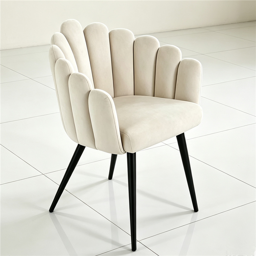 A beige shell-shaped ergonomic office computer chair with a comfortable backrest and a relaxing chair