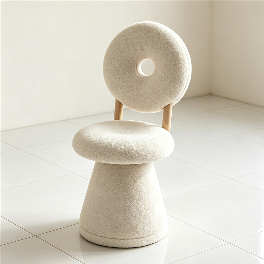 The off-white plush donut chair Sofacover is a comfortable 360-degree rotating chair and a soft-padded dressing table chair for casual home use