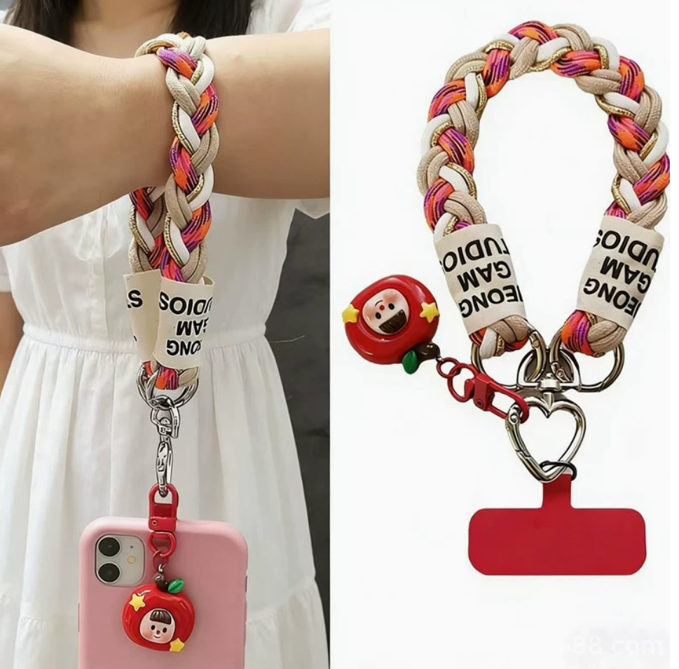 Colorful woven mobile phone lanyard, apple-shaped pendant, heart-shaped metal buckle, red base, fashionable and trendy accessory