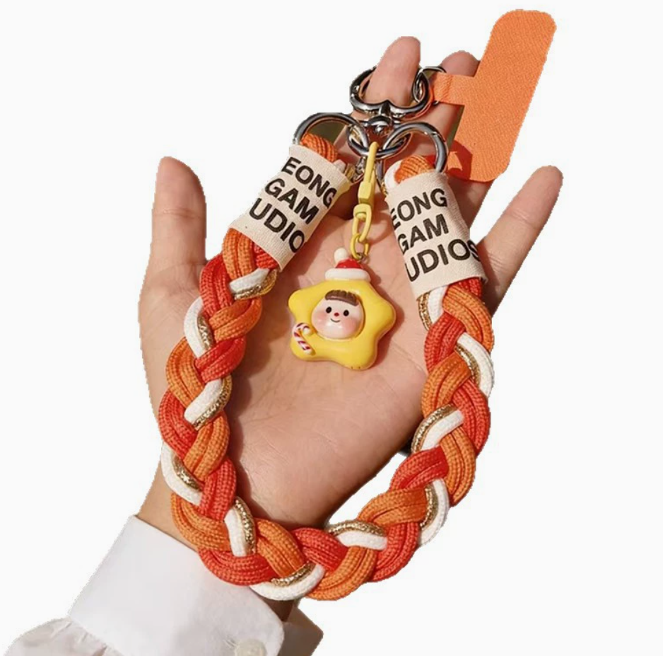 Colorful woven mobile phone lanyard, apple-shaped pendant, heart-shaped metal buckle, red base, fashionable and trendy accessory Application Scenario