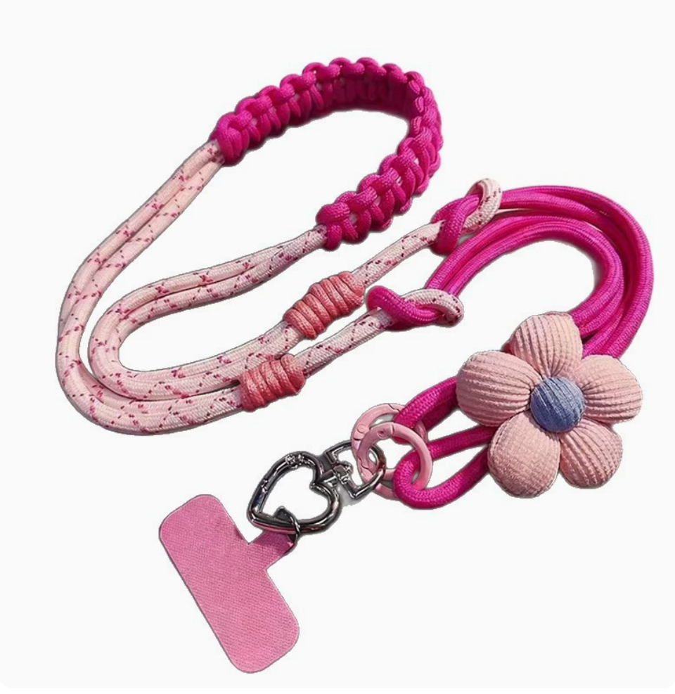 Short and fashionable beaded crystal pendant with flower decoration and metal buckle for mobile phone chain, trendy