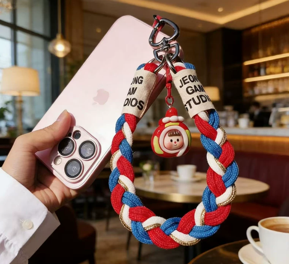 Colorful woven mobile phone lanyard, apple-shaped pendant, heart-shaped metal buckle, red base, fashionable and trendy accessory Specification image