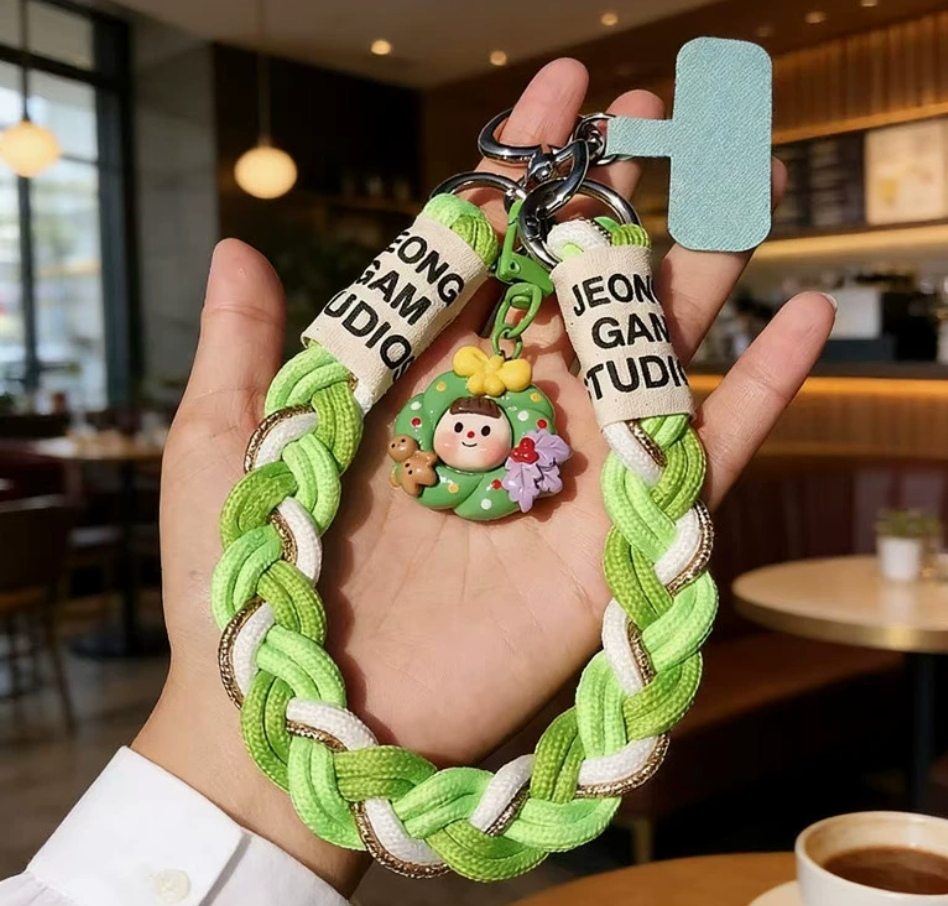 Colorful woven mobile phone lanyard, apple-shaped pendant, heart-shaped metal buckle, red base, fashionable and trendy accessory details Picture