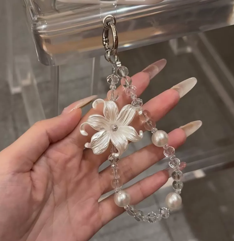 Fashionable short transparent flower phone chain, beaded crystal pendant, cotton rope phone lanyard details Picture