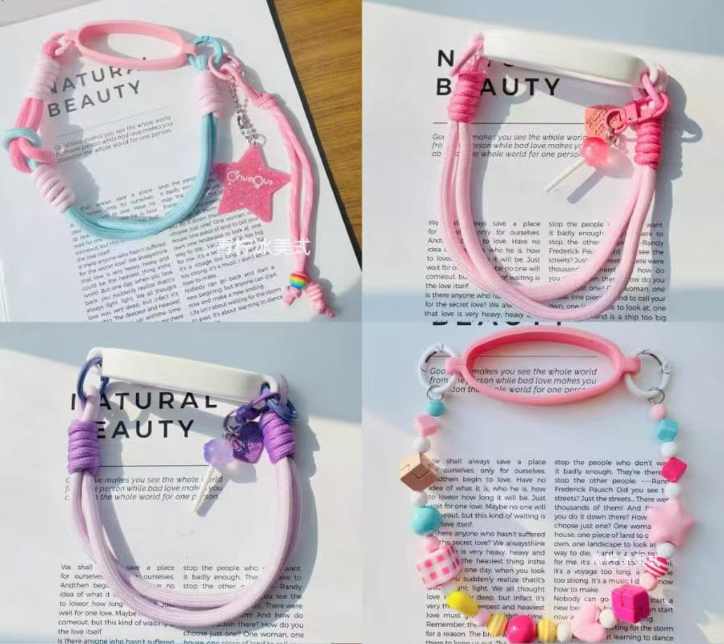 Mobile phone chain, fashionable jewelry, black rope braided, pink pendant, pearl bracelet details Picture
