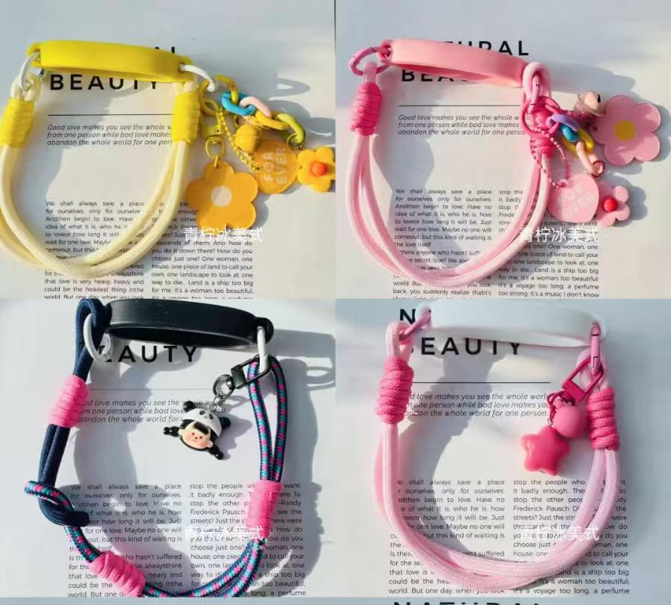 Mobile phone chain, fashionable jewelry, black rope braided, pink pendant, pearl bracelet Item Picture
