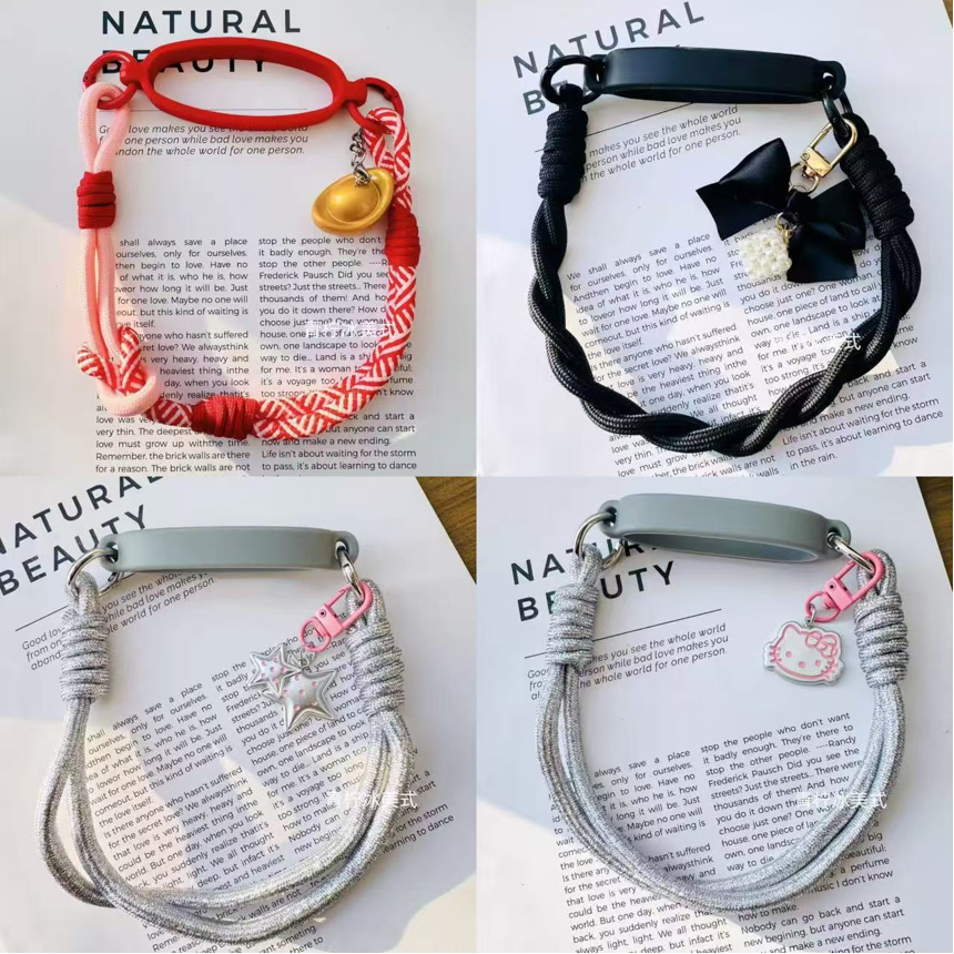 Mobile phone chain, fashionable jewelry, black rope braided, pink pendant, pearl bracelet