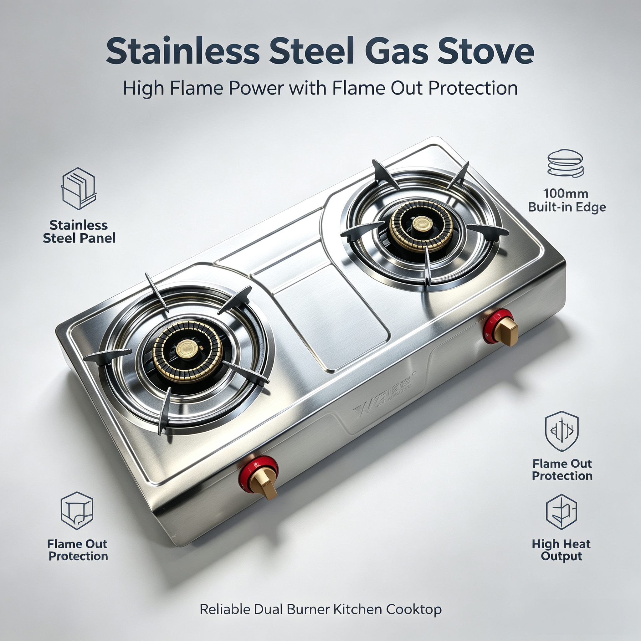 Desktop stainless steel gas stove, double-burner, high-intensity household gas stove with flameout protection, 100-card edge export for domestic sales