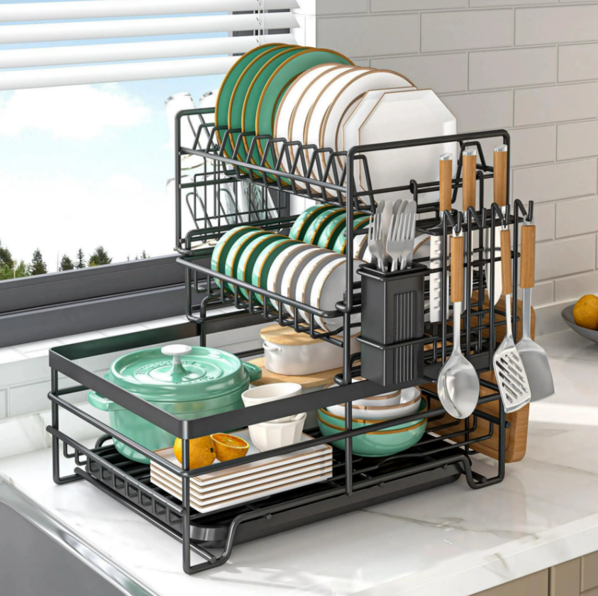 Cross-border Amazon draining bowl rack, kitchen dish storage rack, countertop dish rack, multi-functional double-layer storage rack