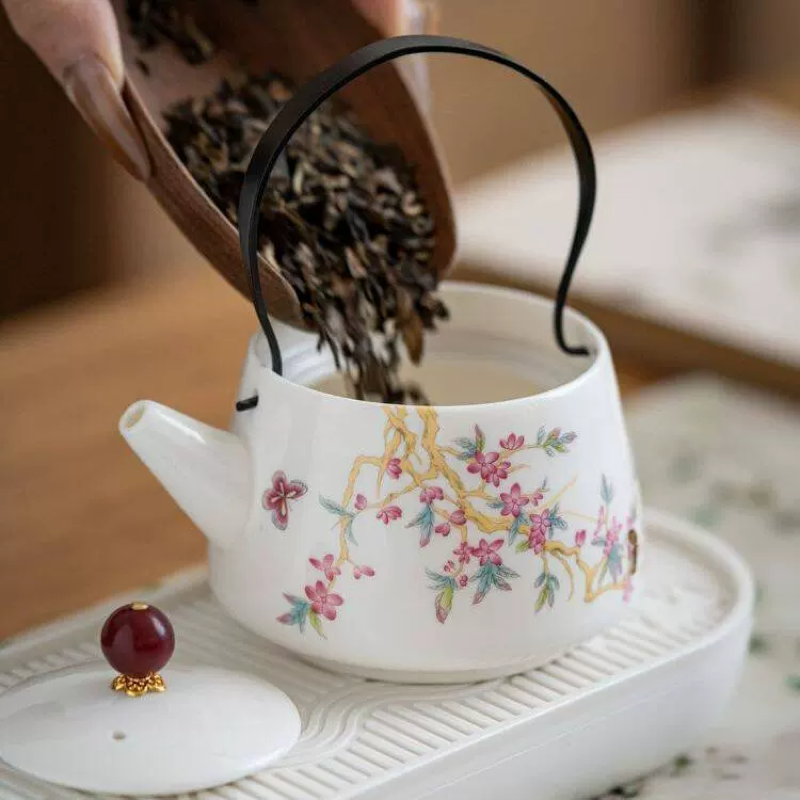 【 Product 3D Project Use - Please Do not delete 】 White porcelain cherry blossom yellow branch teapot with black handle and red round beads details Picture