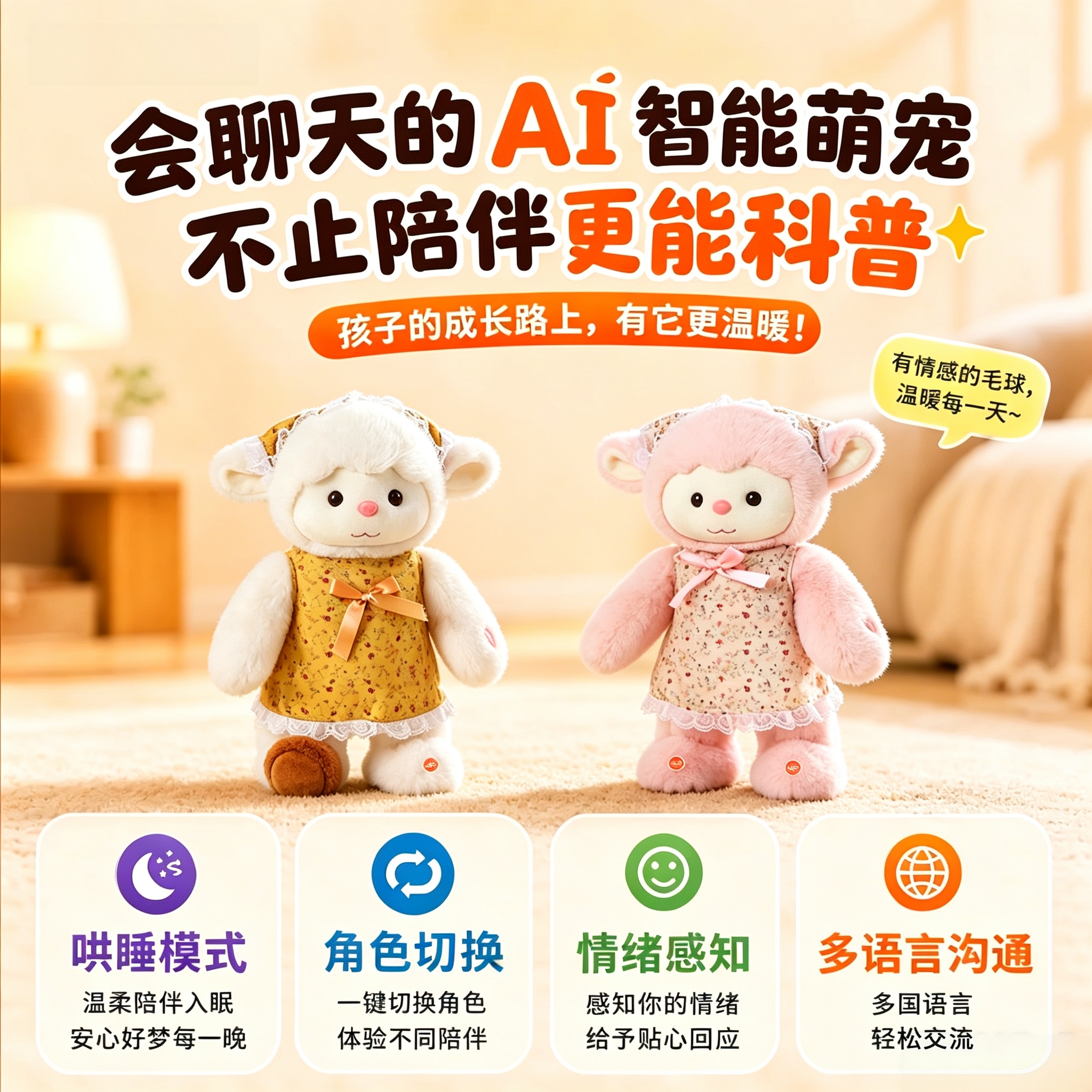 AI large model intelligent plush little lamb doll, children's bilingual dialogue early education companion doll, can be connected to the Internet for interaction, soothing toy, can sing, can twist the bottom, emotion perception + question-and-answer interaction