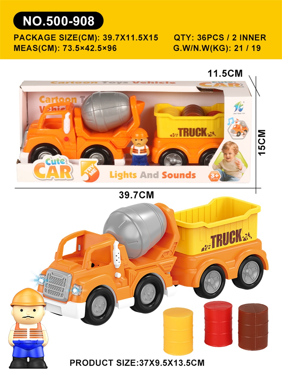 TM36691 Engineering Vehicle Set Toy (Sliding with Light and Sound, Cement Plant + Rectangular Bucket + Three-color Oil drum)