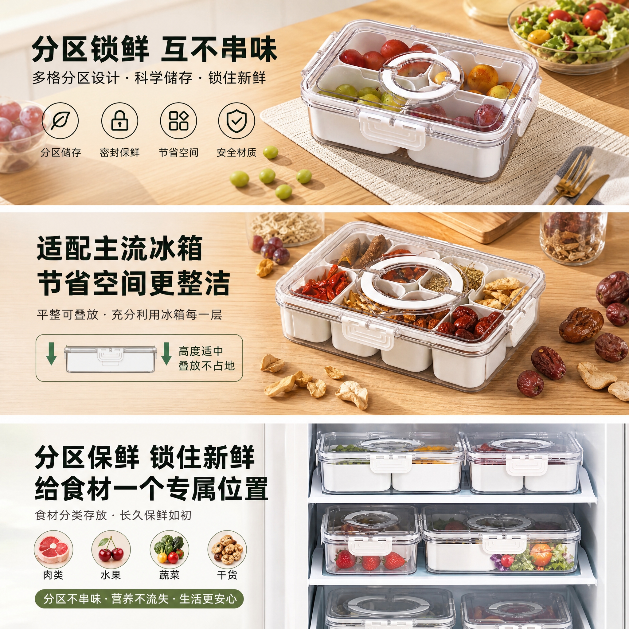 喜望塑料厨房保鲜盒多格密封储物盒冰箱食材整理盒现货家用大容量