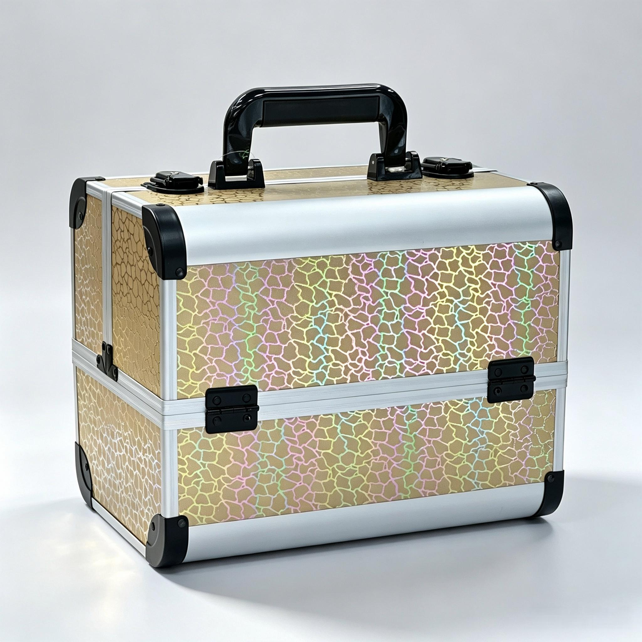 Colorful laser crack makeup box, hand-held aluminum alloy multi-layer unfolding foldable storage box with lock, large capacity nail, eyelash and tattoo professional toolbox, portable makeup storage box, multiple colors to choose from Application Scenario