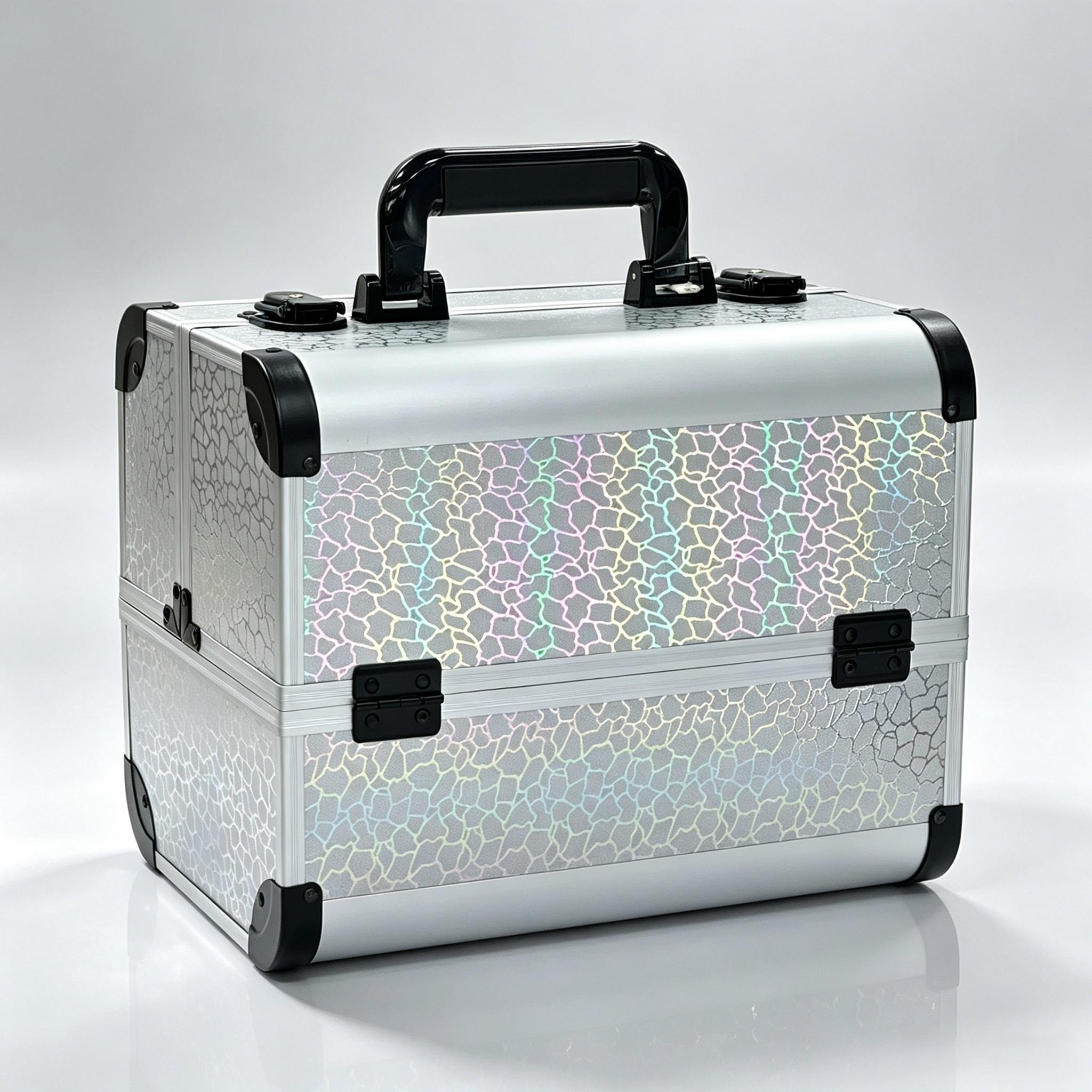 Colorful laser crack makeup box, hand-held aluminum alloy multi-layer unfolding foldable storage box with lock, large capacity nail, eyelash and tattoo professional toolbox, portable makeup storage box, multiple colors to choose from Specification image