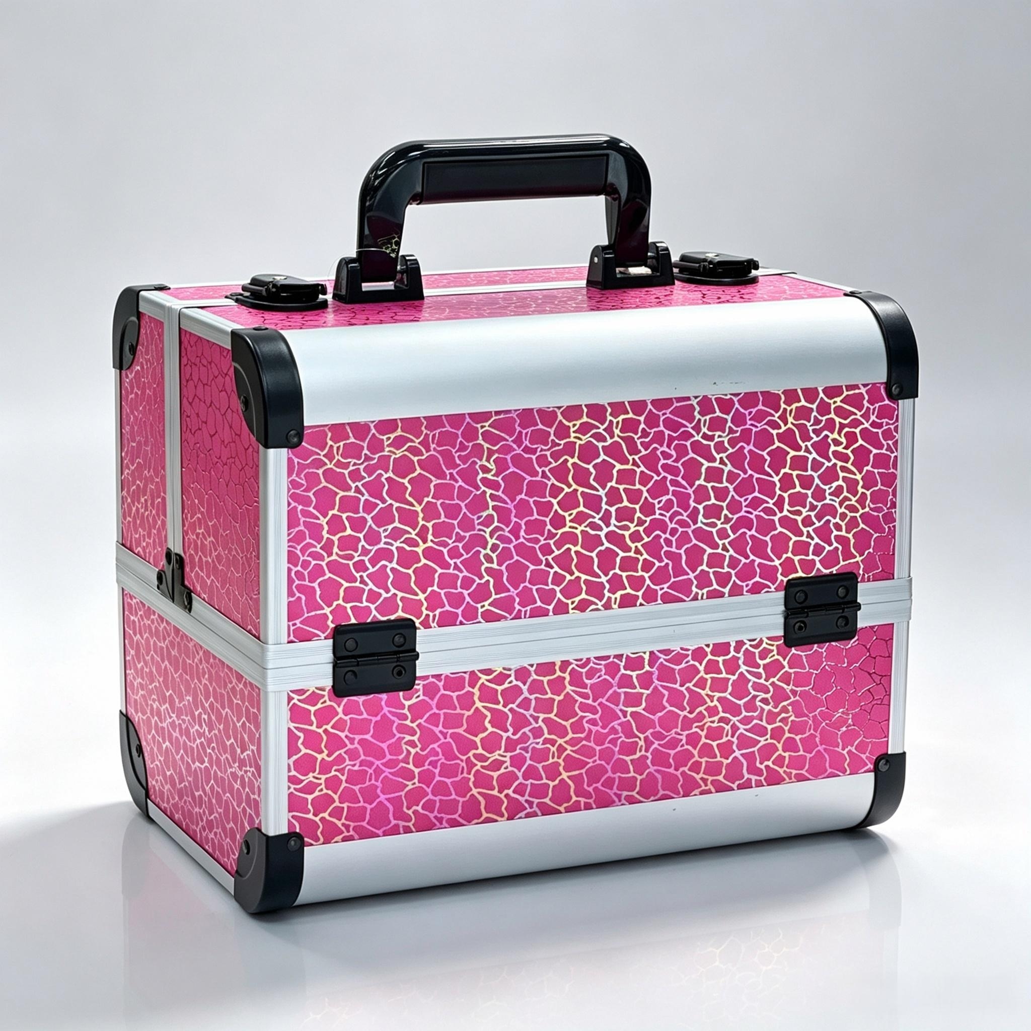 Colorful laser crack makeup box, hand-held aluminum alloy multi-layer unfolding foldable storage box with lock, large capacity nail, eyelash and tattoo professional toolbox, portable makeup storage box, multiple colors to choose from details Picture