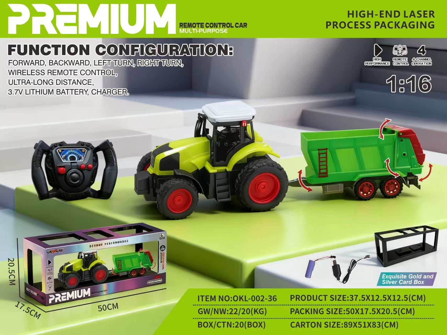 TM37798 1:1627MHZ Four-way Farmer's Car (with battery included) High-end Laser Silver card Warranty box