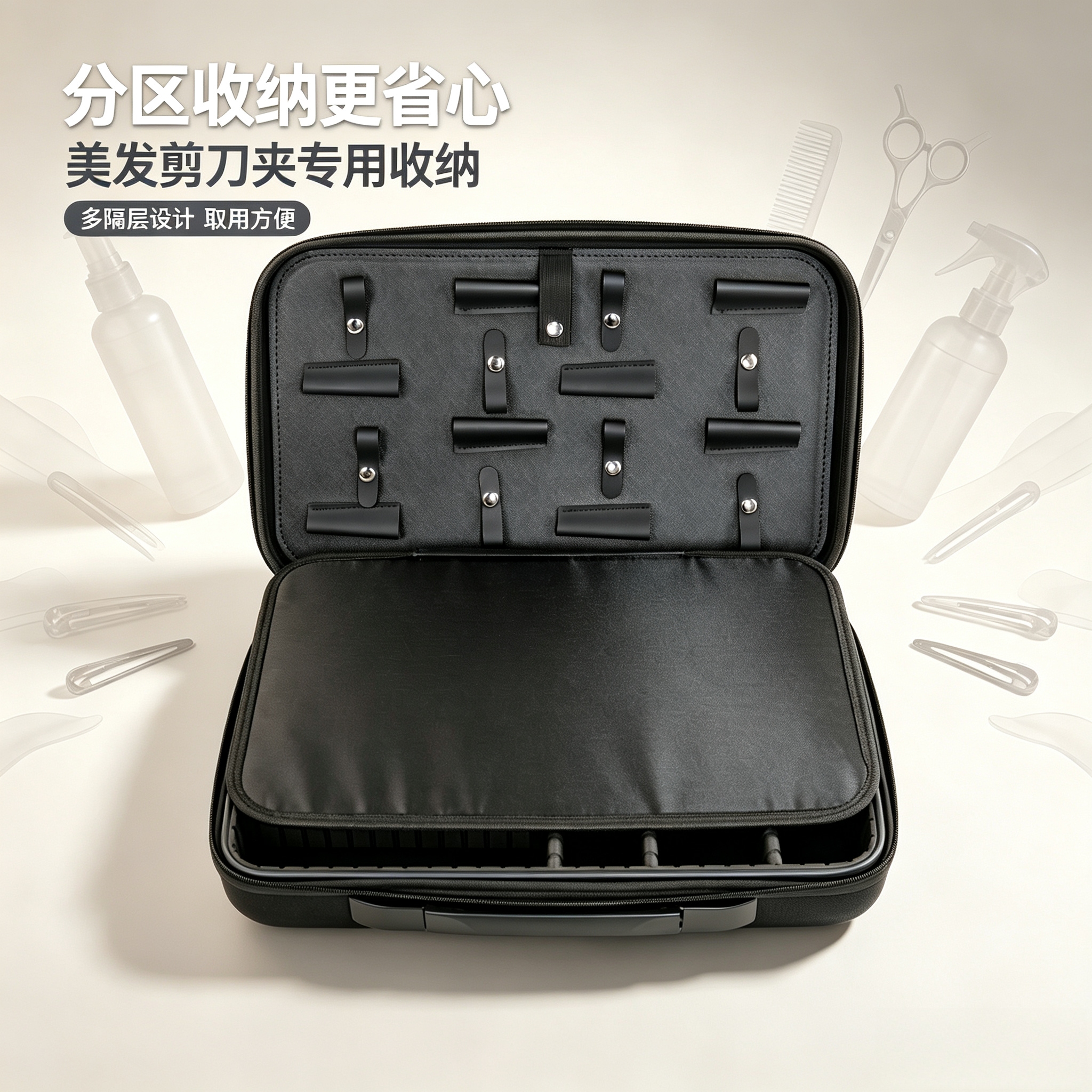 Oxford cloth hair care storage bag for hairstylists, hard shell, hand-held toolbox, multi-compartment adjustable partition for storing scissors, clippers, combs, hair salon makeup, portable, wear-resistant, large-capacity toolkit, upgraded from Aidihua 023 Application Scenario