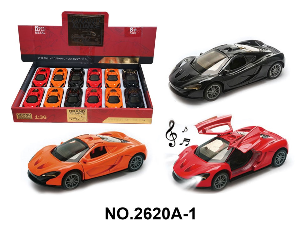 TM26590 1:36 Force Alloy Car Model - McLaren P1 with Lights, Music, Orange/Black/Red 3-color mixed set (12 pieces/Display box) Specification image