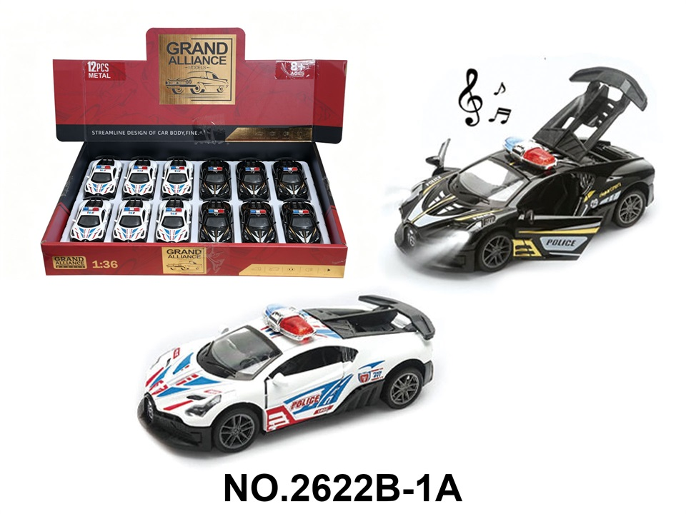 TM26593 1:36 Force Alloy Car Model - Bugatti Car with Lights, Music, Black and White Mixed Set (12 pieces/each display box)