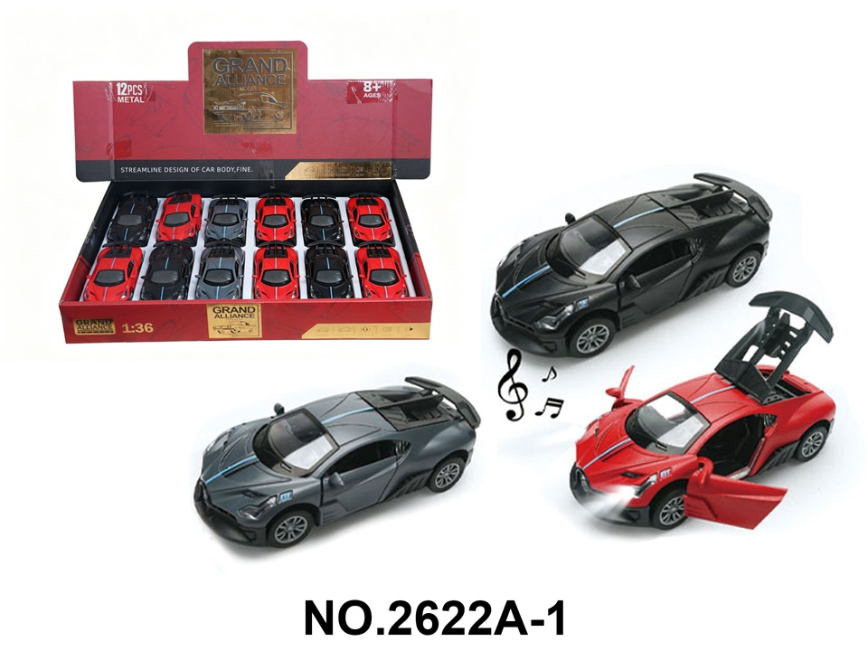TM26592 1:32 Force Alloy Car Model - Bugatti with Lights and Music, Black, Gray and Red Mixed set (12 pieces/Display box)