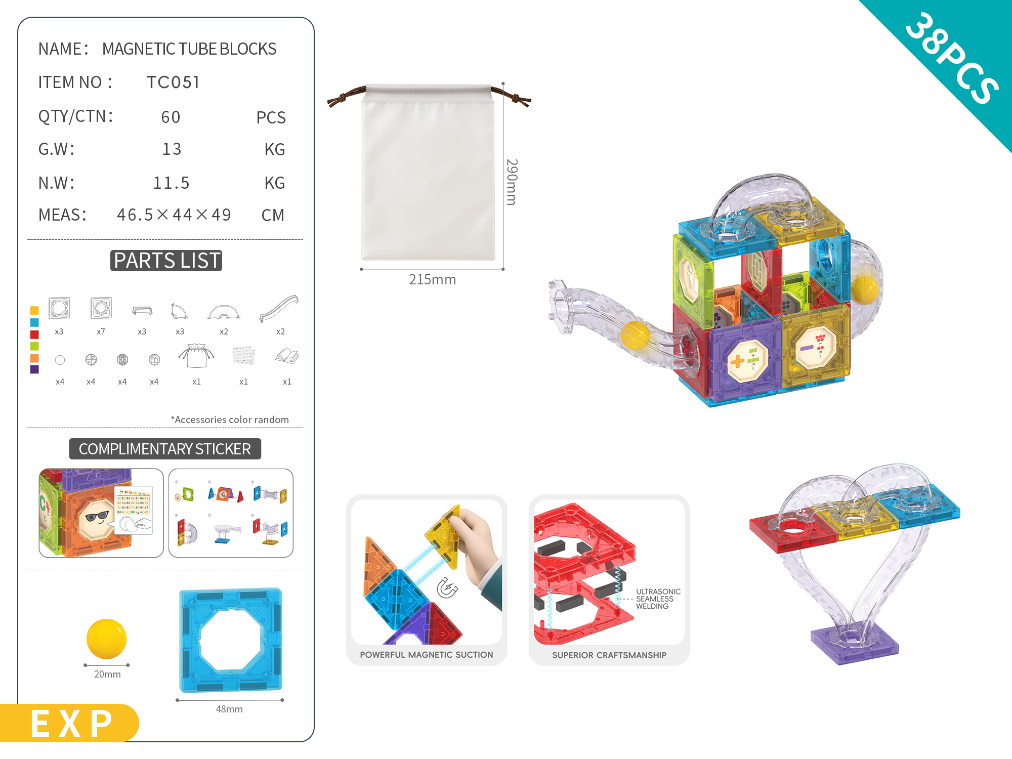 TM19195DIY Magnetic Track Building Blocks approximately 38 pieces - Trial Version/Classic Color detail image 2