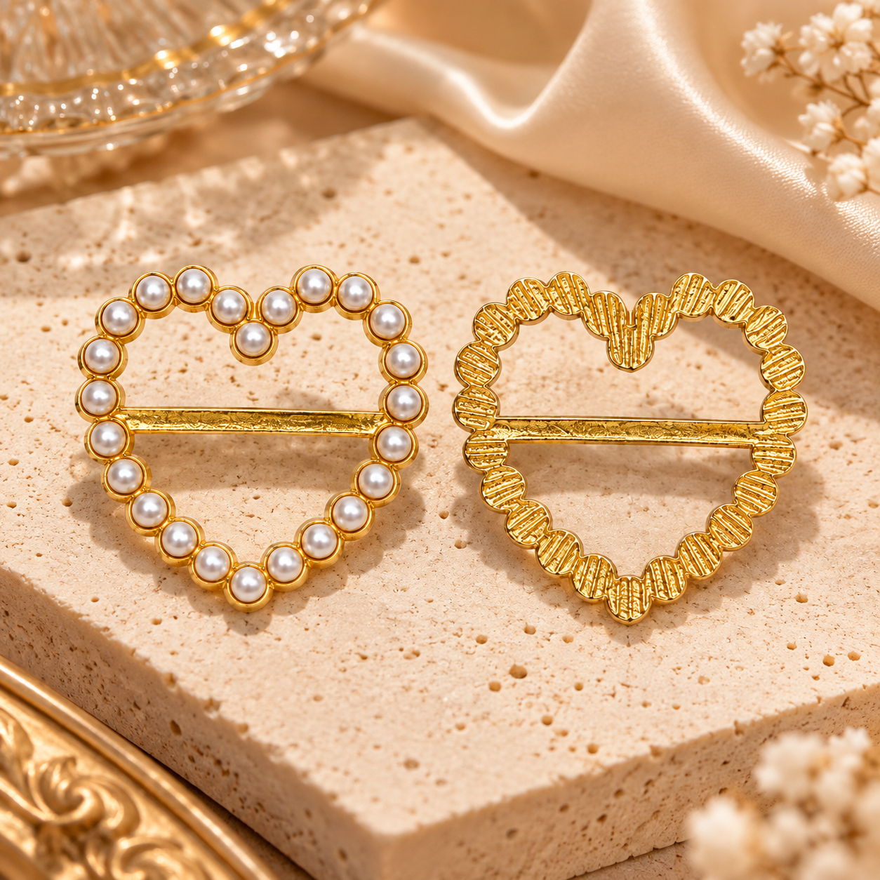 Heart-shaped pearl silk scarf buckle, women's golden alloy clothing decorative buckle, belt buckle, bow, hair accessory Specification image