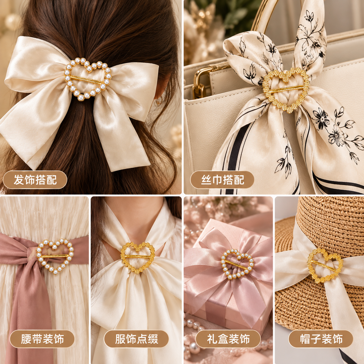 Heart-shaped pearl silk scarf buckle, women's golden alloy clothing decorative buckle, belt buckle, bow, hair accessory details Picture