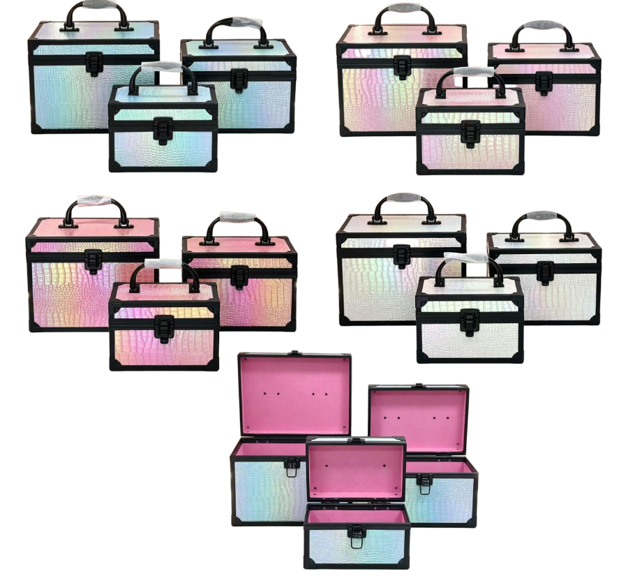 Three-piece set: Laser irider crocodile pattern makeup box, hand-held aluminum frame storage box, pink inner lock jewelry box, portable retro beauty box, home nail art tool storage box, high-end storage box, Adihua 070SP Item Picture