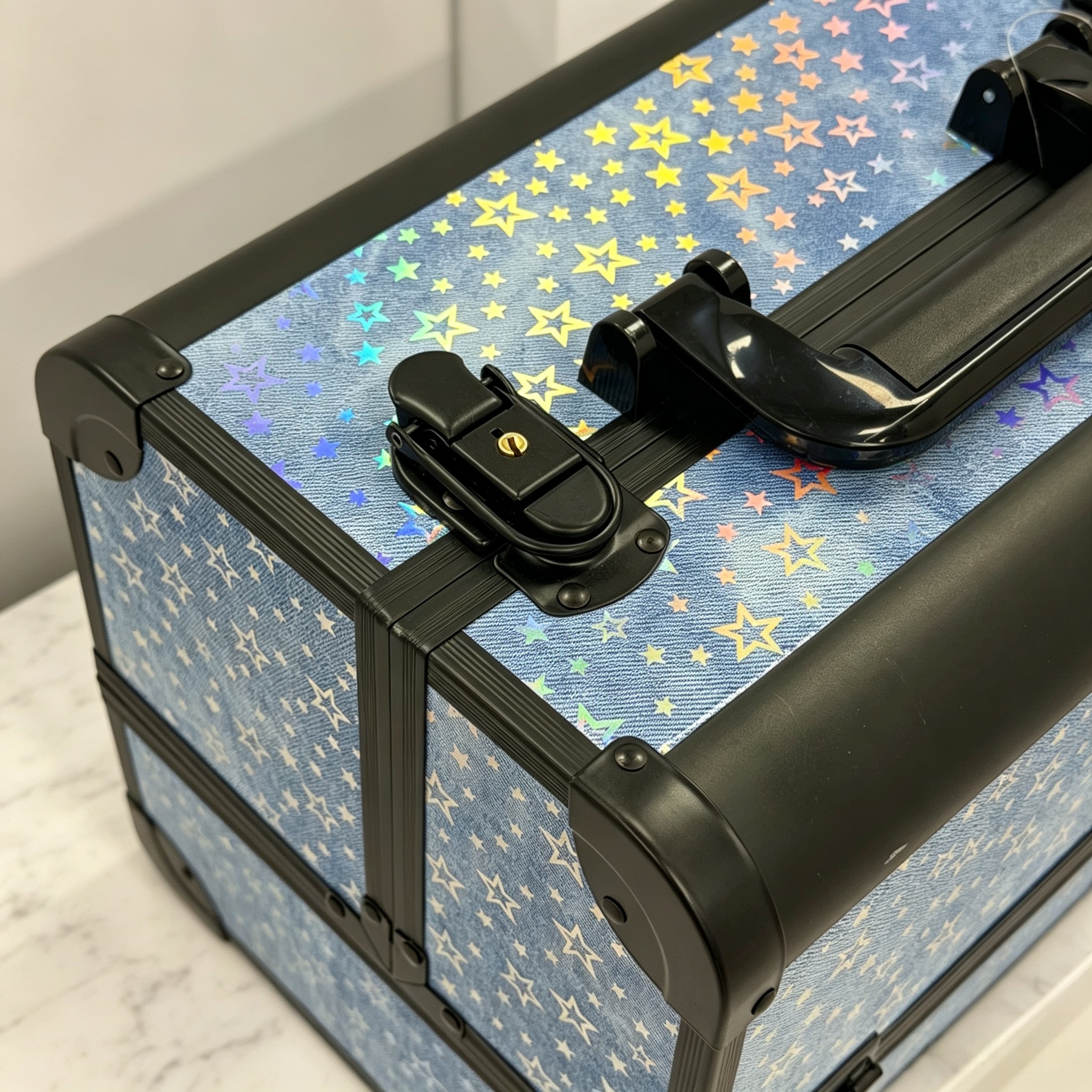 Laser blue star pattern aluminum alloy makeup case, hand-held open-layer large-capacity multi-layer storage box, reinforced corner guard with lock, makeup artist's special toolbox, household makeup and nail care products, high appearance level, Aidihua 1403XX Specification image