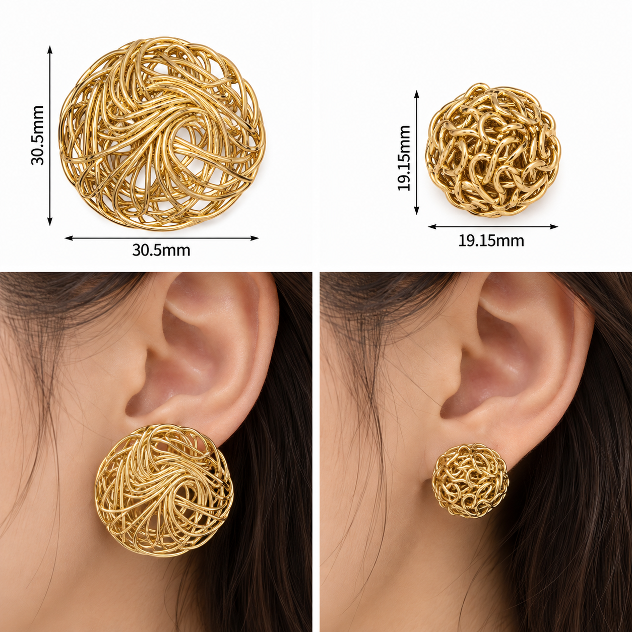 Wholesale of 19mm and 30mm iron ear stud accessories with hollowed-out woven semi-circular earrings and metal line spherical ear studs Specification image