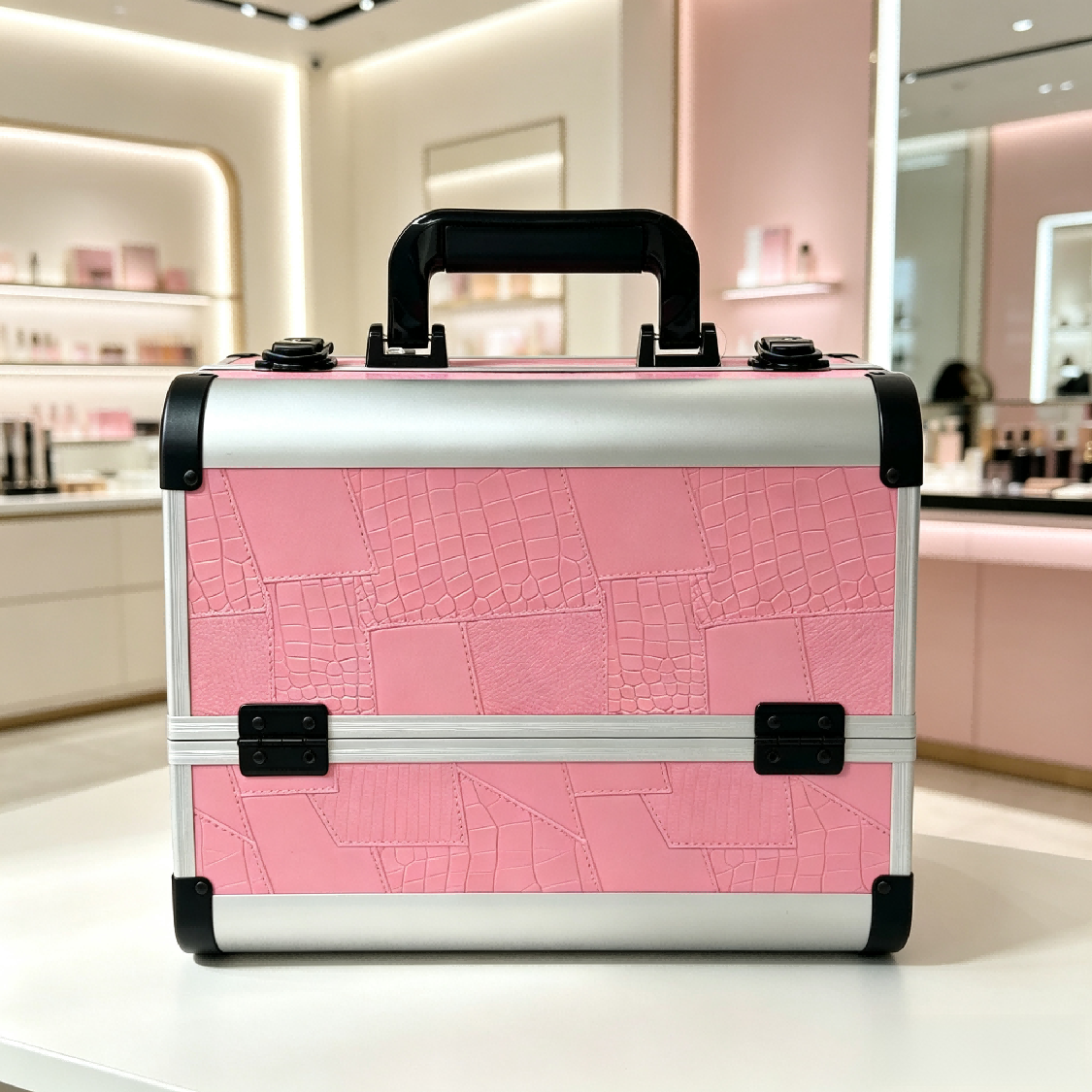 Crocodile-patterned aluminum frame makeup box, hand-held three-layer open tray, large-capacity storage box, reinforced corner guard, double-lock design, professional makeup artist toolbox, home portable, exquisite, high appearance level organization and storage box, Adihua 1503EY details Picture