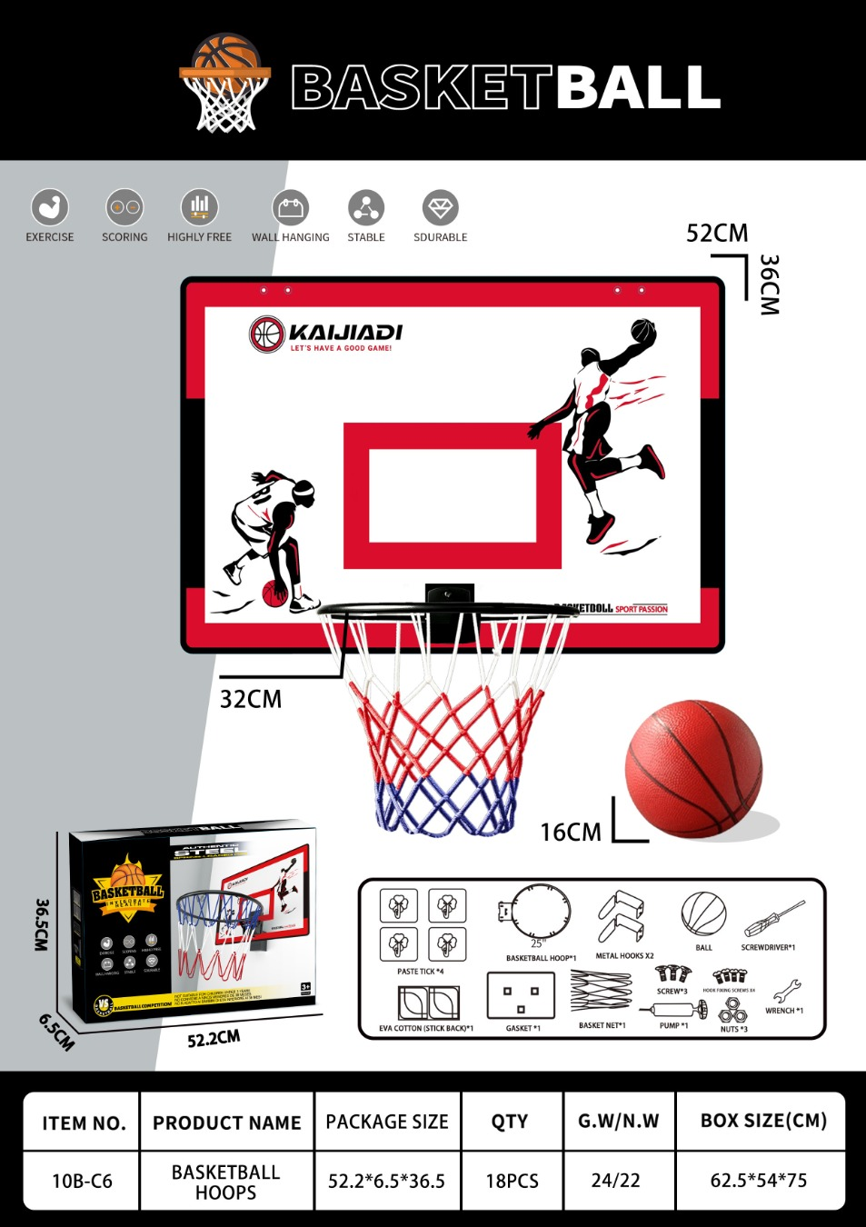 TM13858 Wall-mounted backboard basketball hoop large board 32cm solid frame +16cm ball