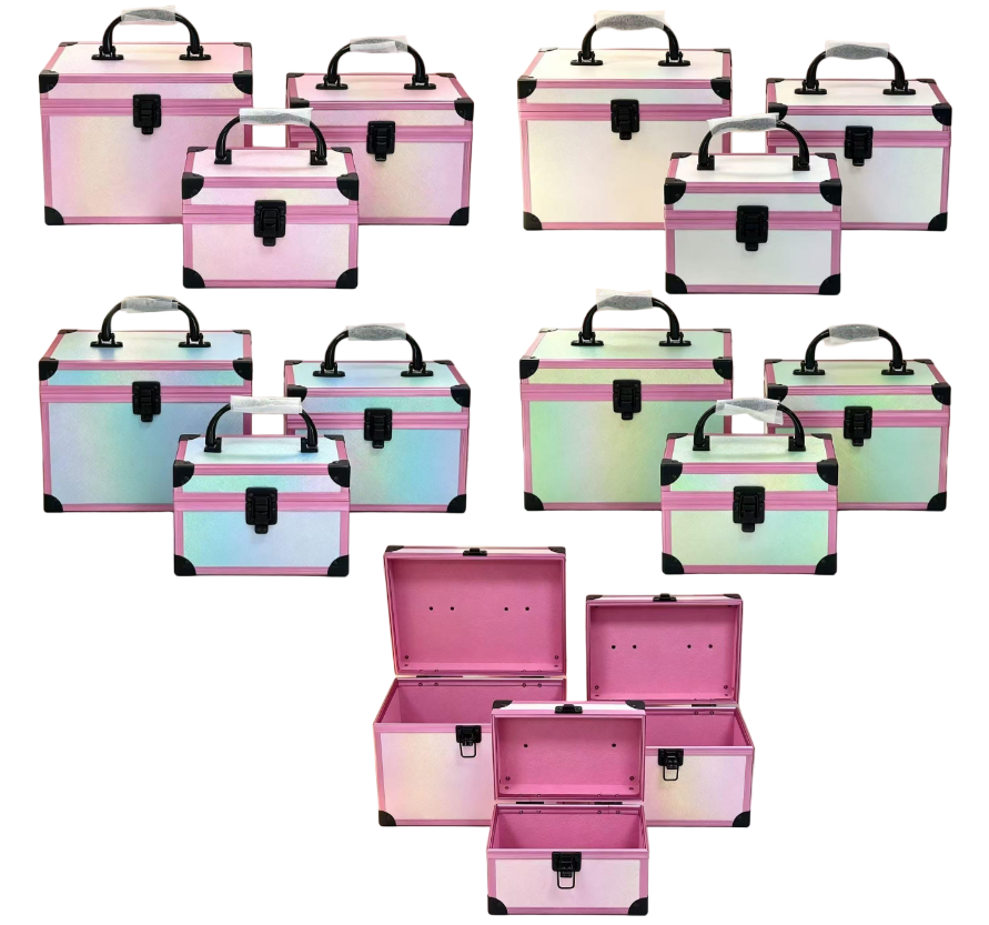 Three-piece set: Iridic pearl pink aluminum frame makeup box, black corner reinforced lock hand-held storage box, pink inner large-capacity beauty box, nail art toolbox, home jewelry storage box, exquisite and portable, Aidihua 070SZ Item Picture
