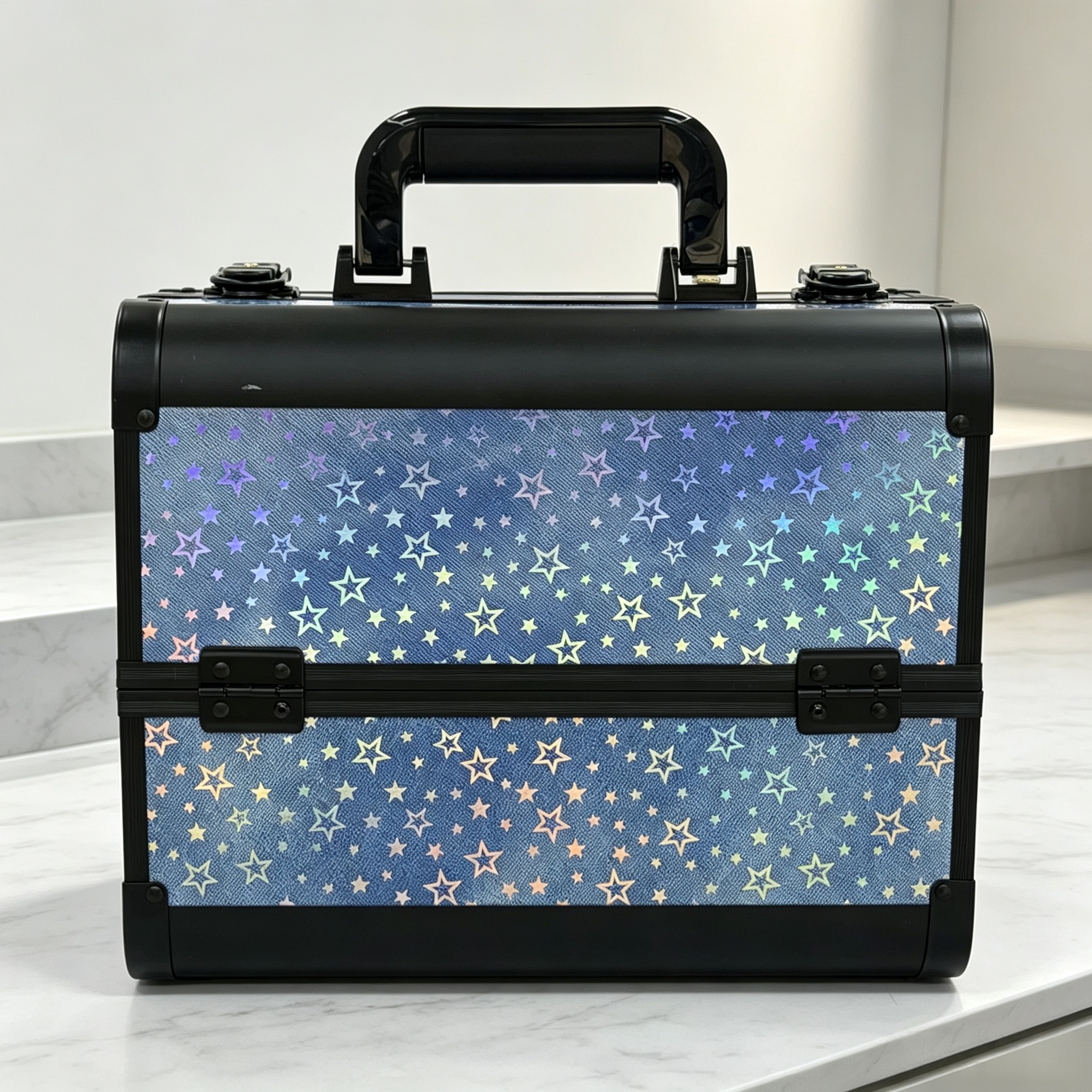 Laser blue star pattern aluminum alloy makeup case, hand-held open-layer large-capacity multi-layer storage box, reinforced corner guard with lock, makeup artist's special toolbox, household makeup and nail care products, high appearance level, Aidihua 1403XX details Picture