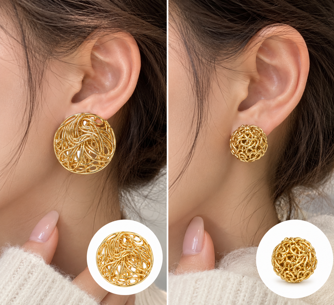 Wholesale of 19mm and 30mm iron ear stud accessories with hollowed-out woven semi-circular earrings and metal line spherical ear studs details Picture