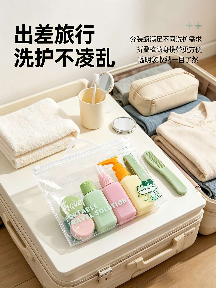 Travel portioned bottle set, portable personal care storage bag, business trip and travel portable skin care portioned combination with folding comb detail image 2