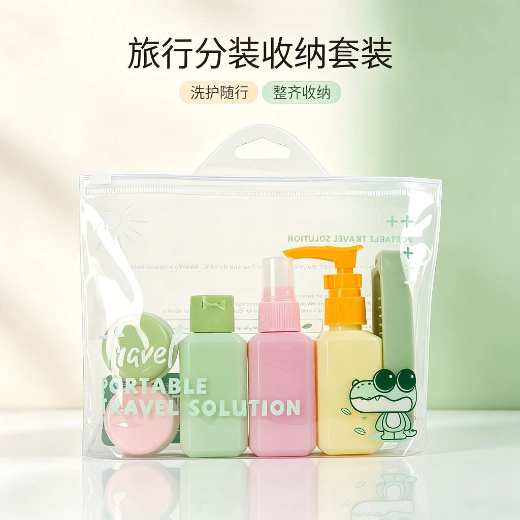 Travel portioned bottle set, portable personal care storage bag, business trip and travel portable skin care portioned combination with folding comb details Picture