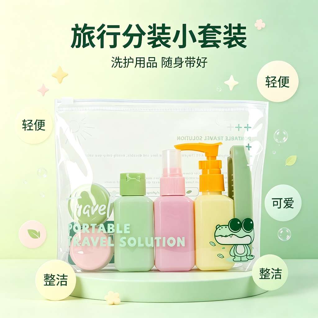 Travel portioned bottle set, portable personal care storage bag, business trip and travel portable skin care portioned combination with folding comb