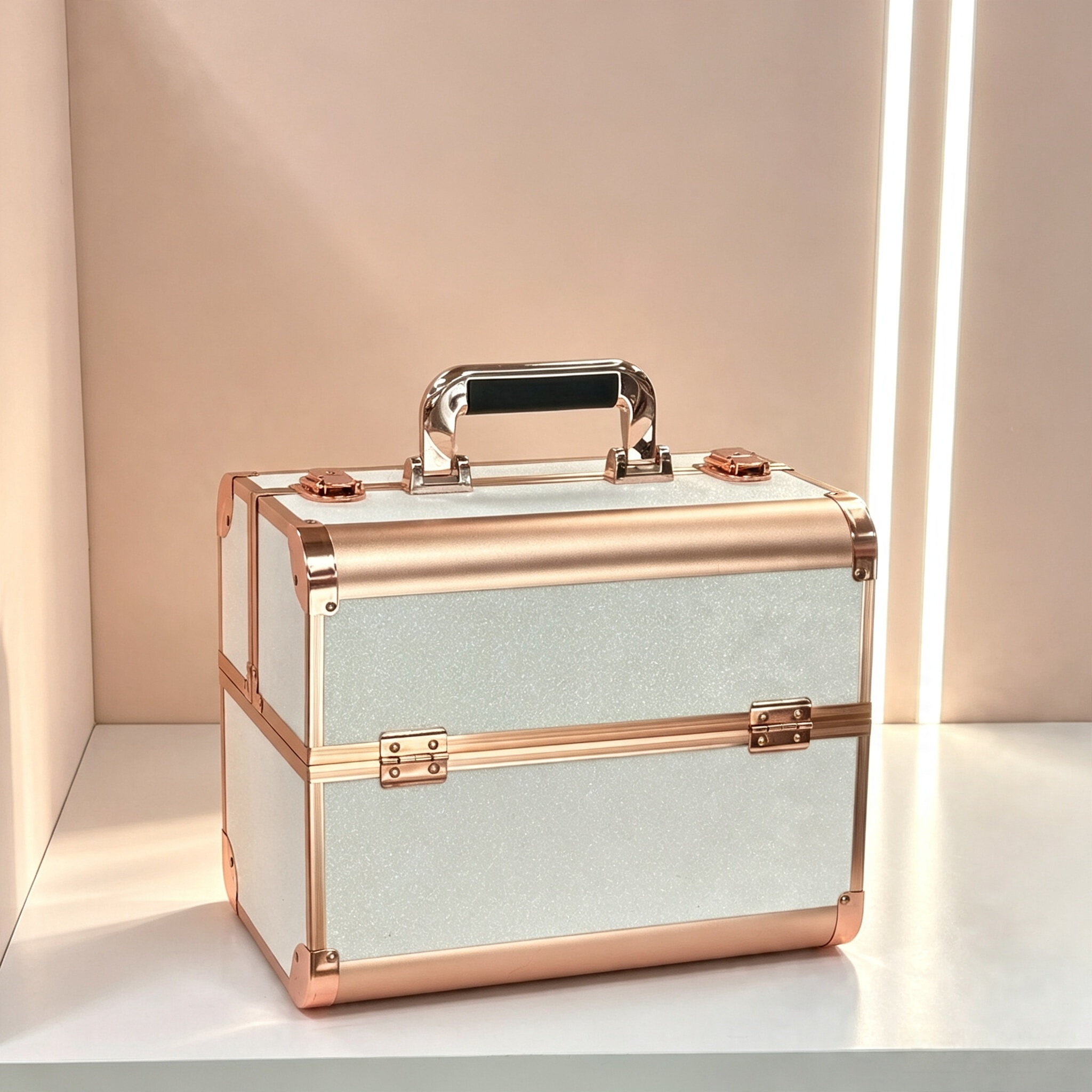 Glitter Fine Flash Rose Gold aluminum alloy portable makeup box, large Capacity multi-layer powder box storage box, portable follow-up makeup box, nail art toolbox, durable beauty storage box, home cosmetics storage box, Adiva 1407XS