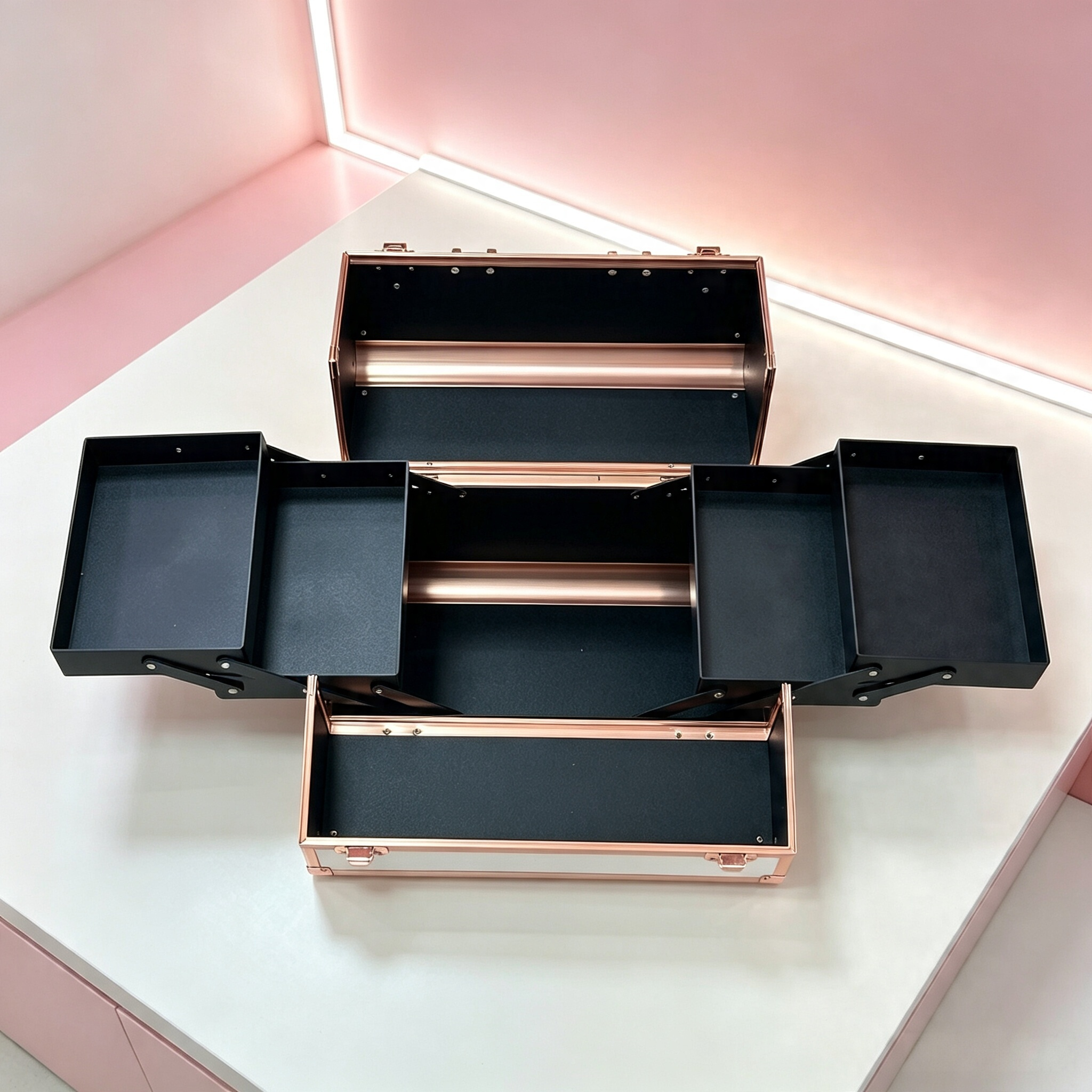 Glitter slim flash oro rosa aleación de aluminio portátil caso de maquillaje caja de almacenamiento de cartón multicapa de gran capacidad caso de maquillaje portátil caja de herramientas de uñas caja de almacenamiento de maquillaje de belleza duradera caja de almacenamiento de cosméticos caseros adiwa 1407XS Item Picture