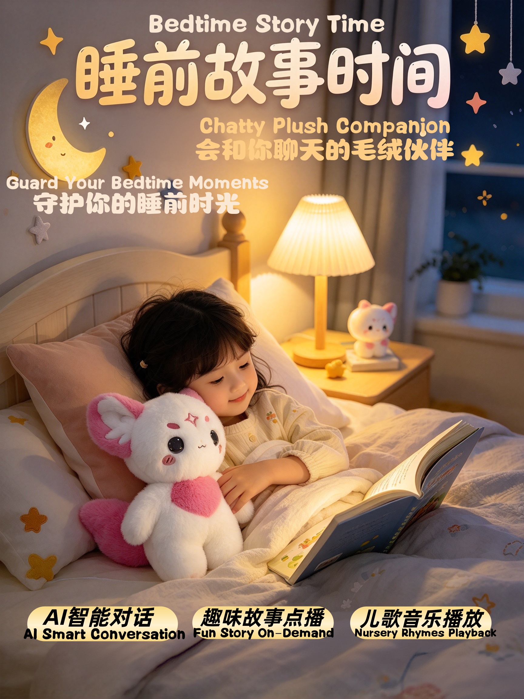 The Dingdang AI smart doll is available in two colors. It features an emotional companion eye display and AI functions, allowing for chatting and interaction, learning and education, encyclopedian knowledge, history and geography, singing and storytelling Application Scenario