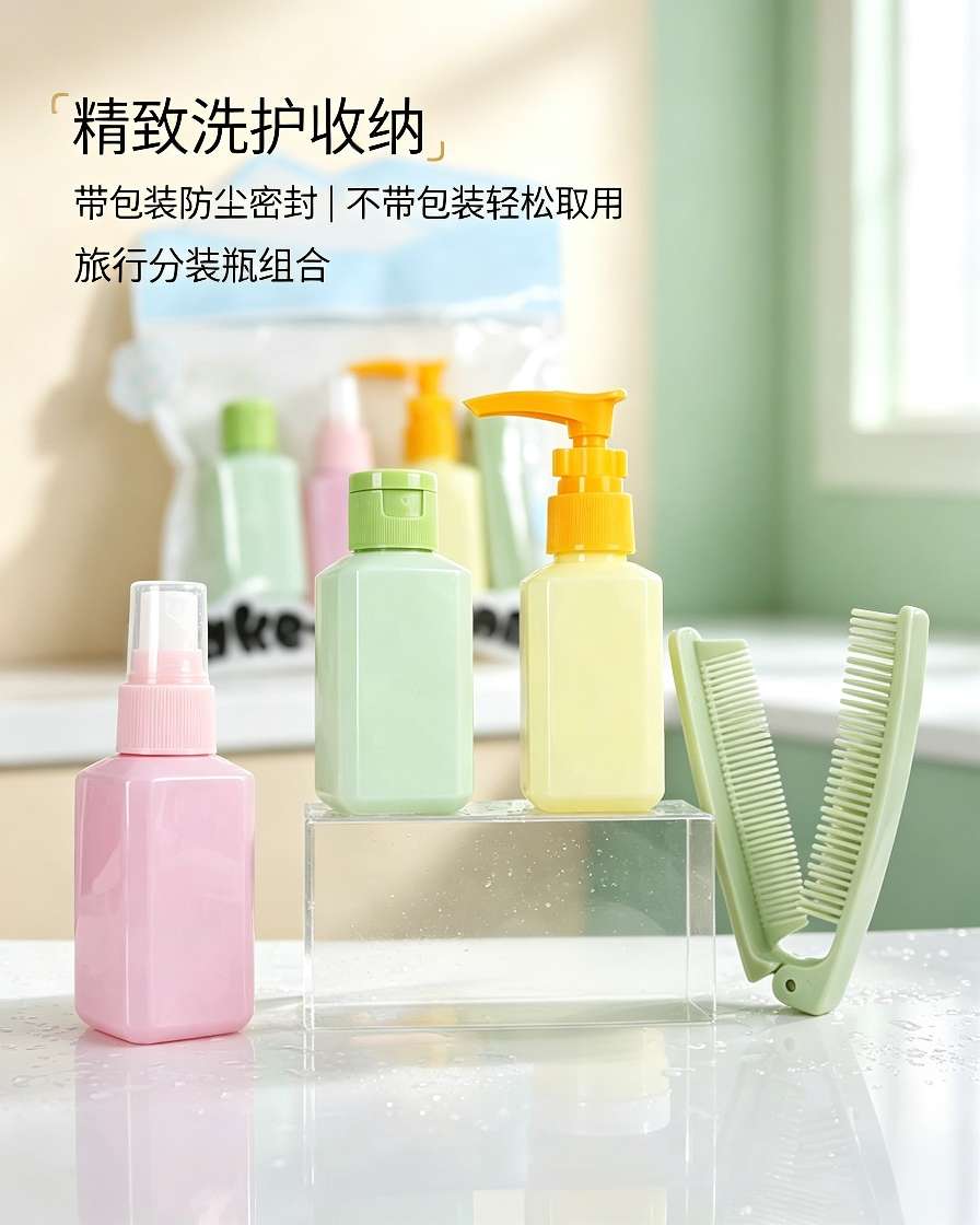Macaron travel split bottle set botella portátil spray botella loción botella vacía viaje lavado cuidado y almacenamiento combo con peine plegable Specification image