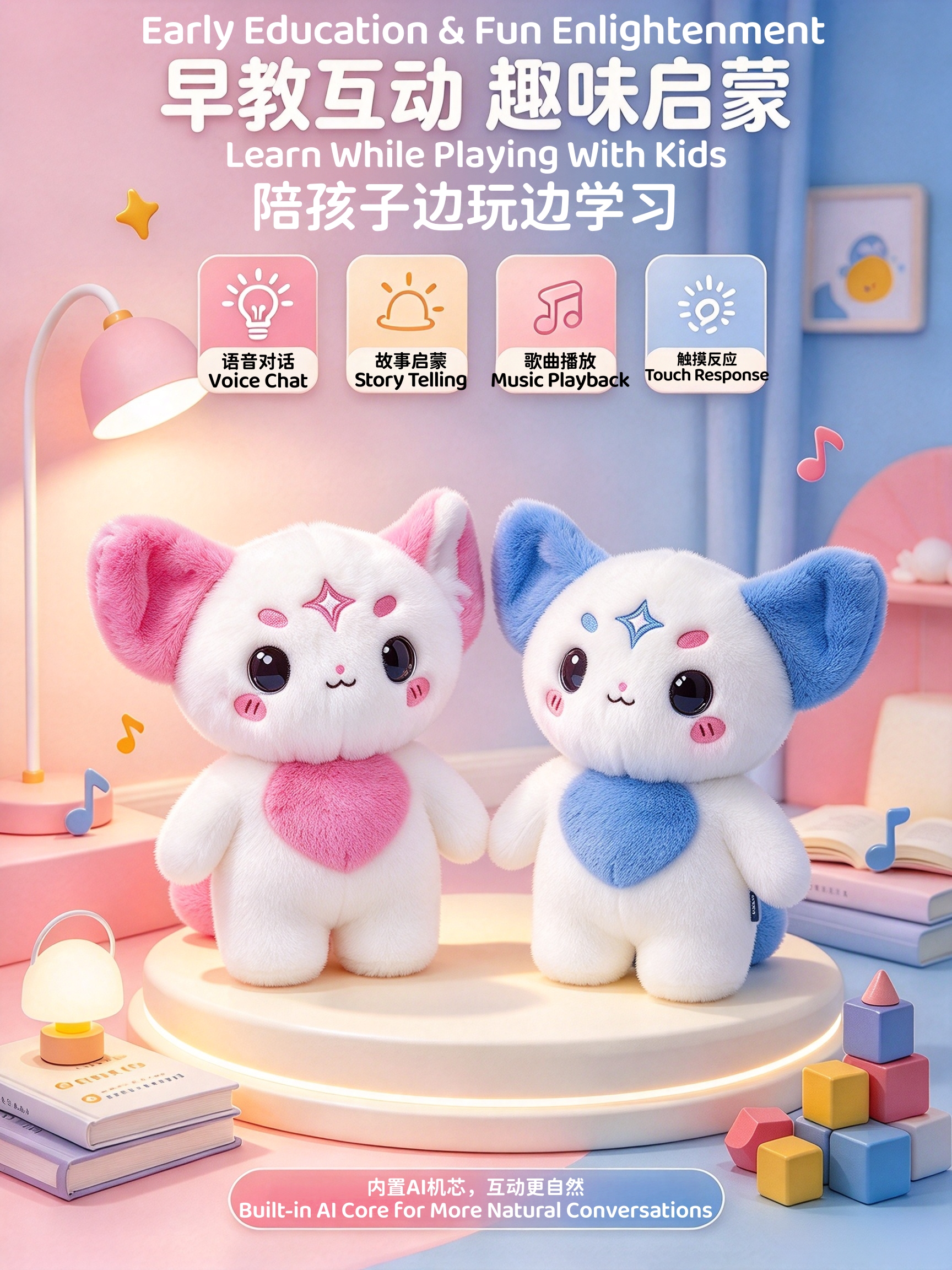 The Dingdang AI smart doll is available in two colors. It features an emotional companion eye display and AI functions, allowing for chatting and interaction, learning and education, encyclopedian knowledge, history and geography, singing and storytelling