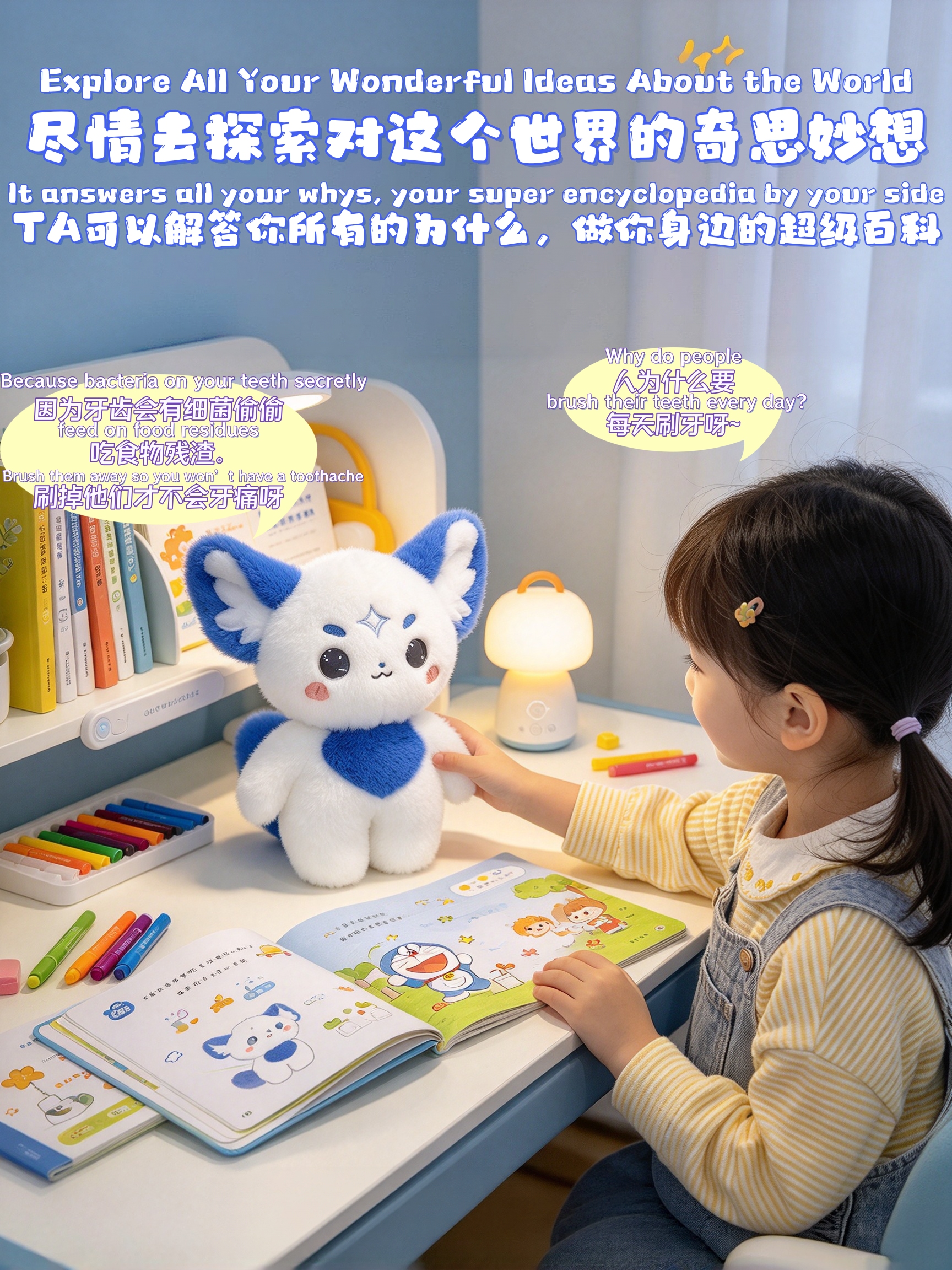 The Dingdang AI smart doll is available in two colors. It features an emotional companion eye display and AI functions, allowing for chatting and interaction, learning and education, encyclopedian knowledge, history and geography, singing and storytelling Specification image