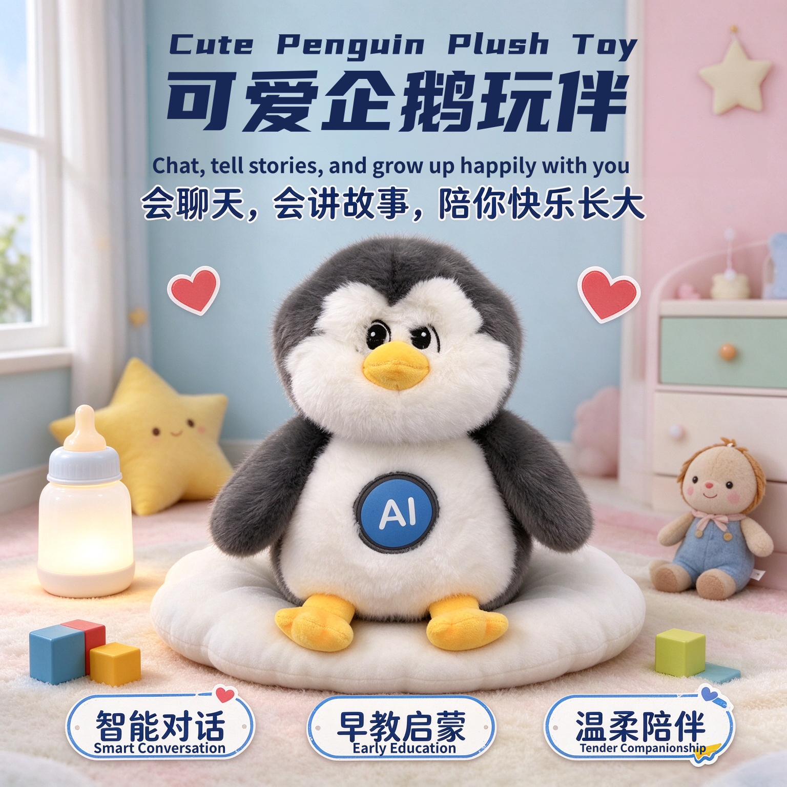 AI Penguin Baby smart plush toy, English dialogue, encyclopedia Q&A, children's early education, companionship and comfort doll, gift box set, suitable for both gifting and personal use details Picture